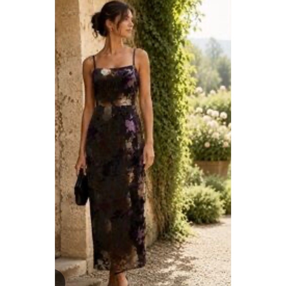 Taylor Black velvet burnout Whimsygoth hoco slip sheer midi dress sz 8 purple